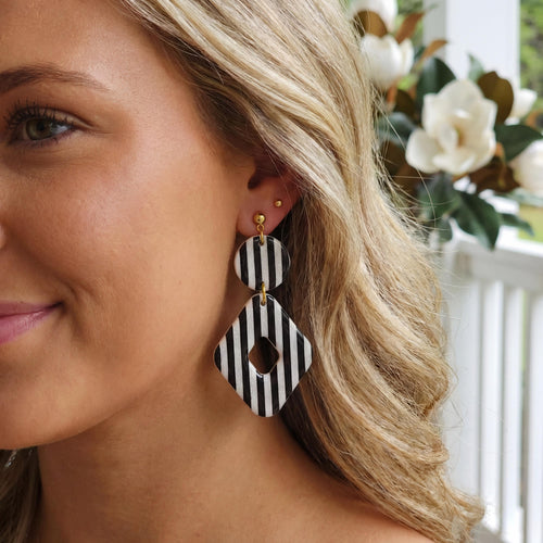 Black and White Striped Diamond Polymer Clay Earrings, Modern Geometric Dangles