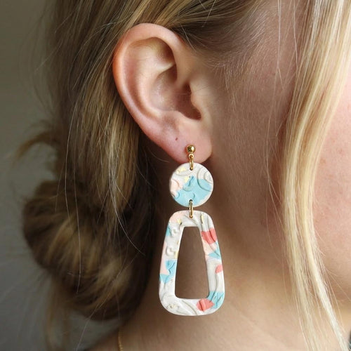 Beach Summer Trapezoid Clay Earrings, Marbled Coastal Dangles