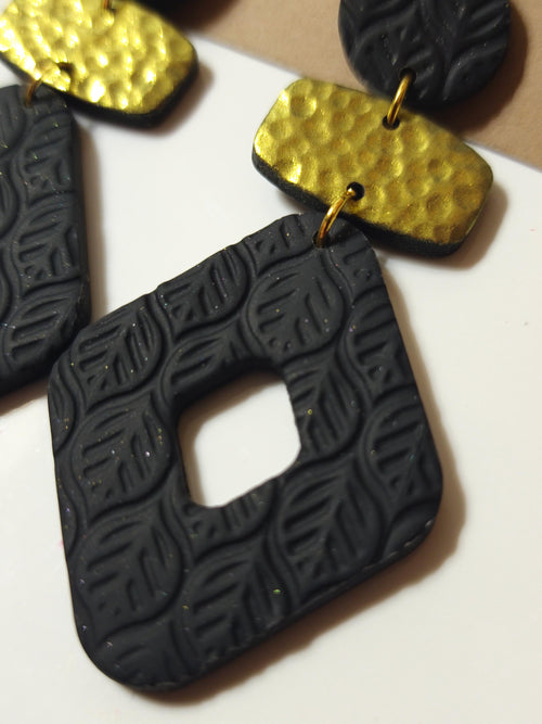 Black Gold Leaf Textured Diamond Earrings, Polymer Clay Statement Dangle Jewelry