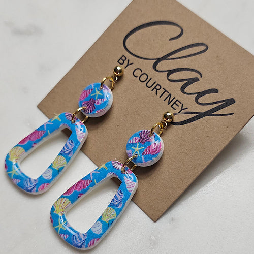 Beach Shell Polymer Clay Earrings, Trapezoid Summer Dangles, Coastal Starfish Jewelry